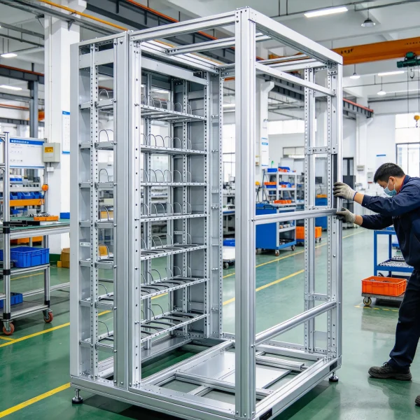 kiosk frames being assembled on a factory floor