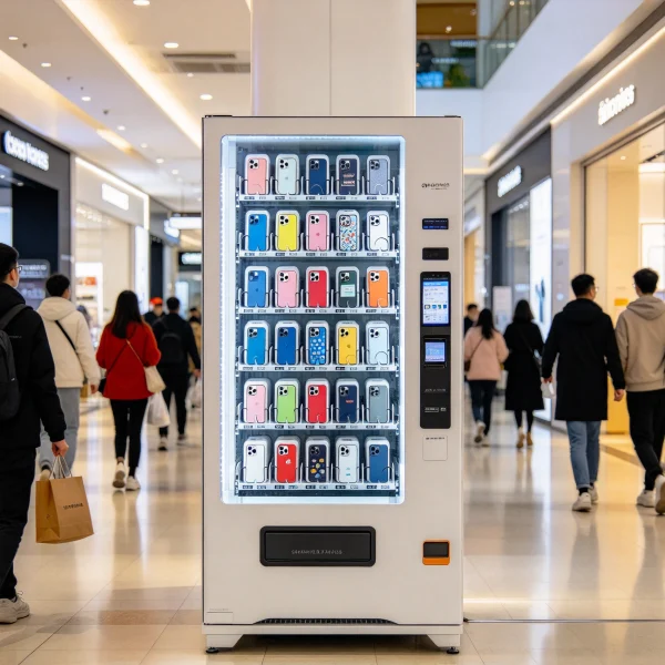 A phone case vending machine in a busy mall corridor