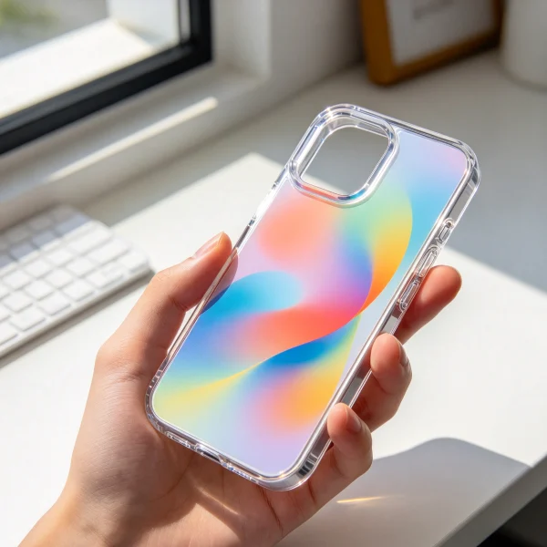 A hand holding a clear phone case with a printed design