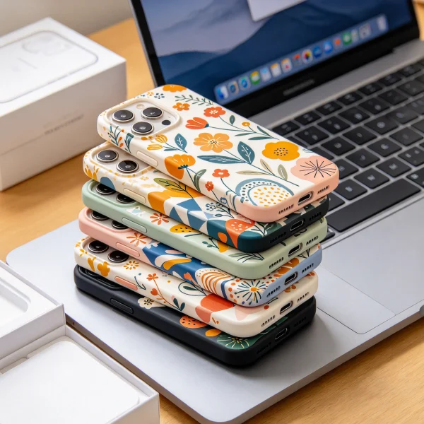 A stack of printed phone cases with brand names near a laptop