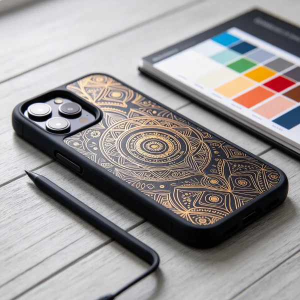 Close-up of a printed phone case on a desk with small color swatches