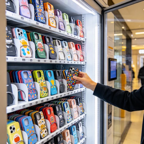 A vending machine shelf stocked with colorful phone cases being restocked
