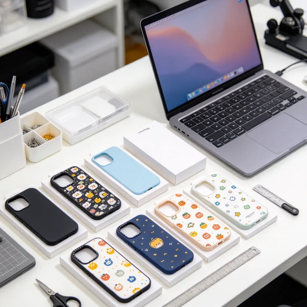 A small workbench with phone case samples, packaging, and a laptop
