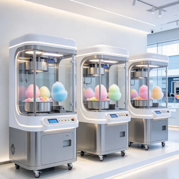 Three cotton candy vending machines displayed side by side