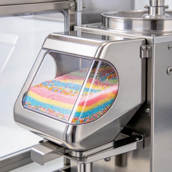 Stainless steel sugar hopper close-up with window