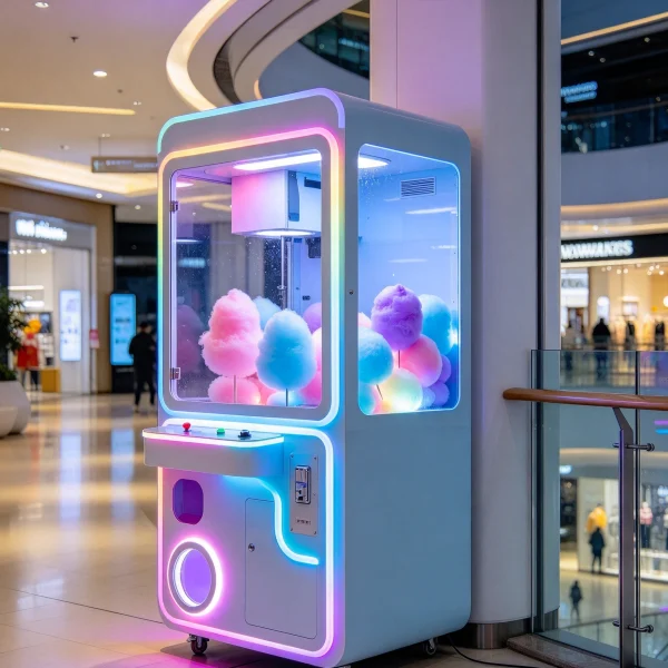 Glowing cotton candy vending machine in mall corner