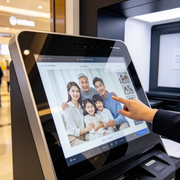 Close-up of a photo puzzle kiosk touchscreen showing an uploaded family photo