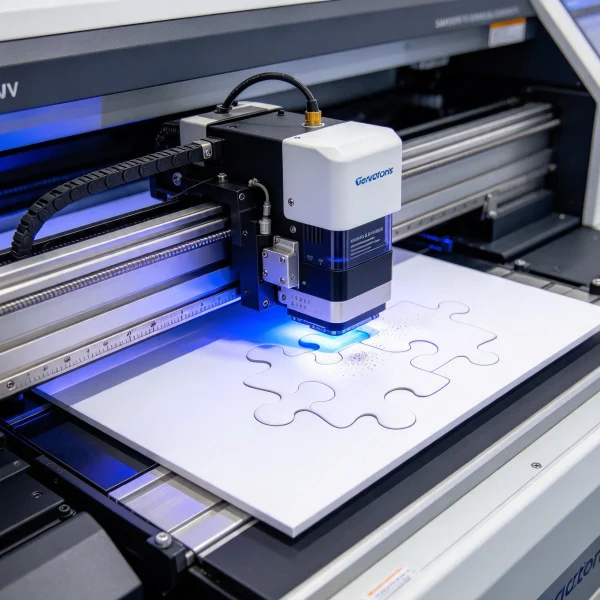 UV print head moving across a white puzzle board inside the kiosk