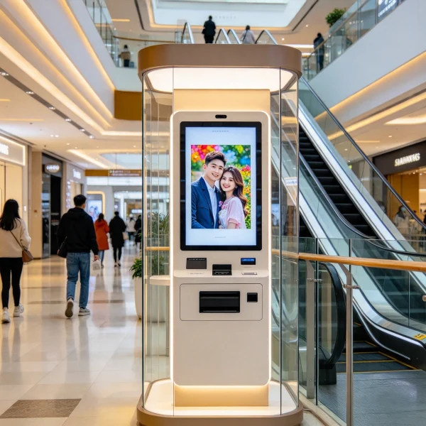 Lit photo puzzle kiosk standing in a shopping mall walkway near an escalator