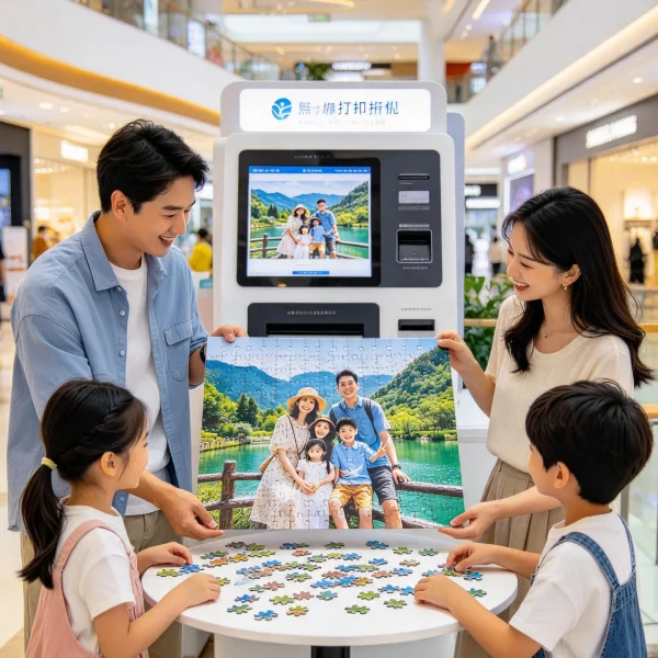 Family holding a finished photo jigsaw puzzle next to the kiosk
