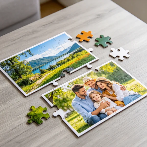 Two printed photo jigsaw puzzles on a table showing sharp color and clean cut edges