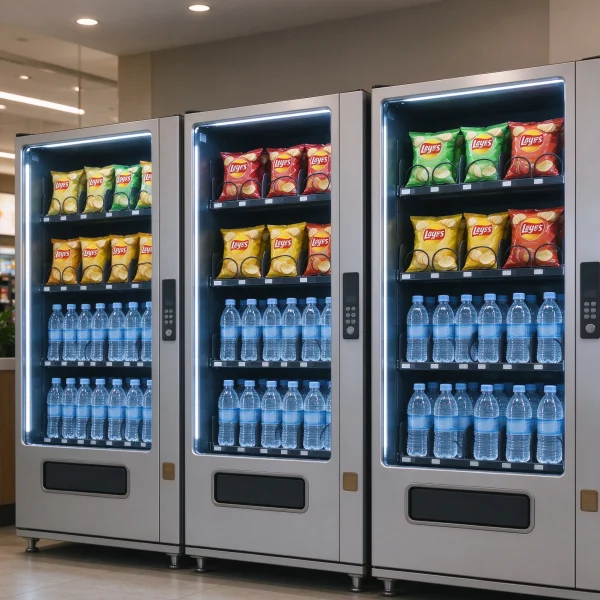 vending machine rows stocked with water bottles and chips