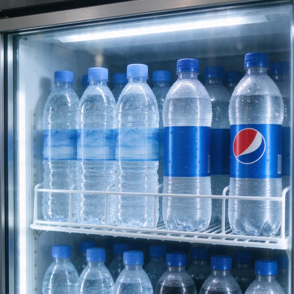 chilled bottled water and soda lined up in a vending machine