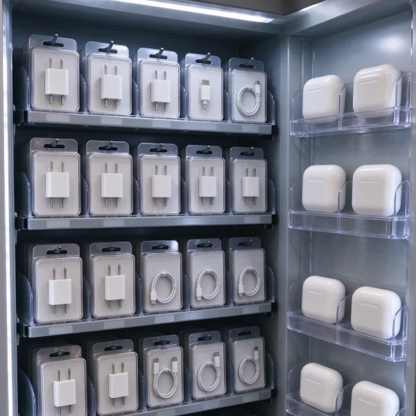 phone chargers and earbuds displayed inside a vending machine