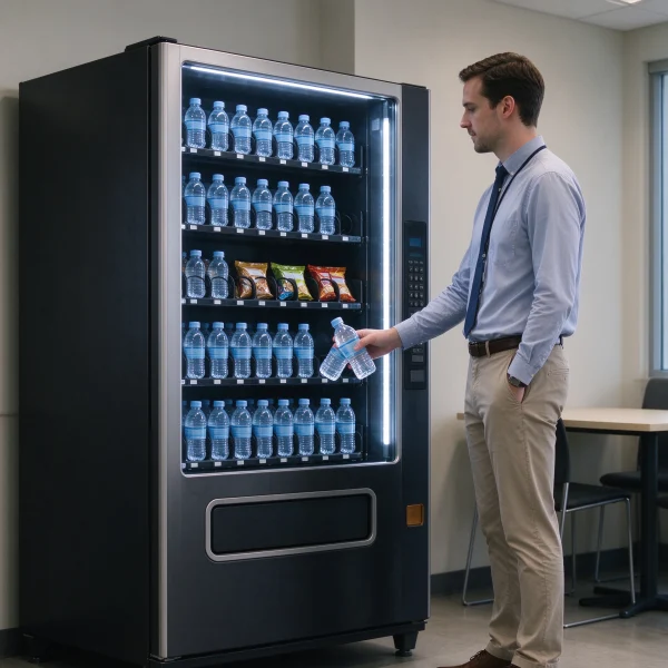 office employee buying water from a vending machine in a break room