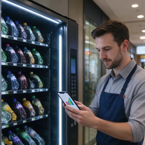 operator checking vending machine sales data on a phone
