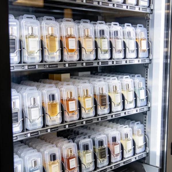 Sealed perfume refill cartridges lined up inside a vending machine