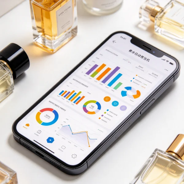 Smartphone dashboard showing perfume vending sales and stock data