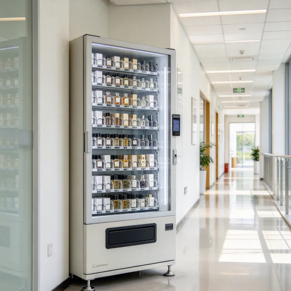 A floor-bolted perfume vending machine in a bright corridor