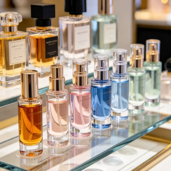 Small perfume sample bottles arranged on a glass shelf