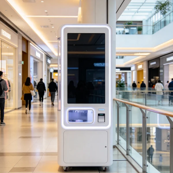 A touchscreen self-service cotton candy vending machine in a mall corridor