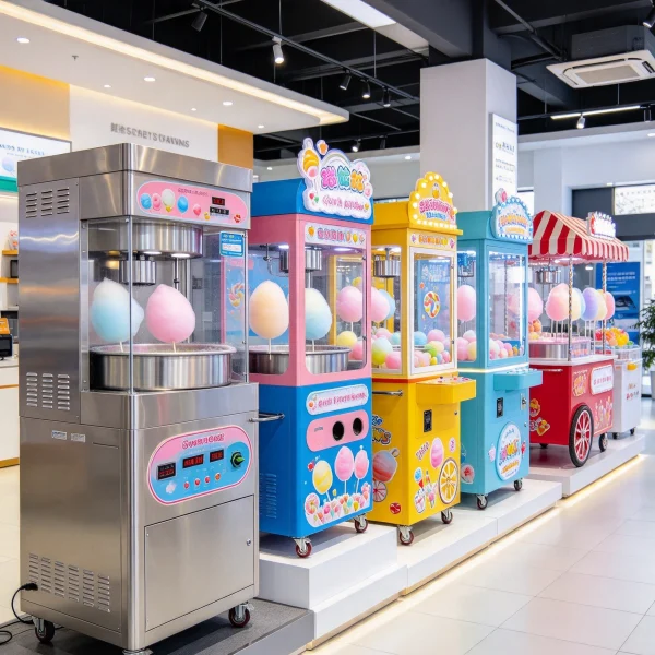 Multiple cotton candy machines on display in a dealer showroom with price tags