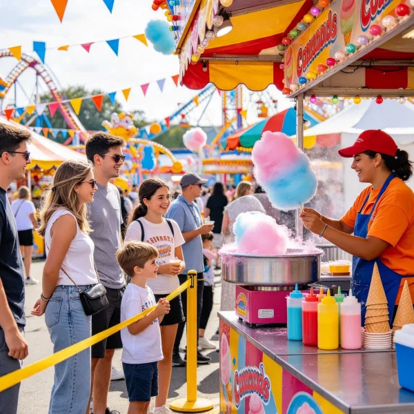 Customers queuing at a fairground cotton candy stand