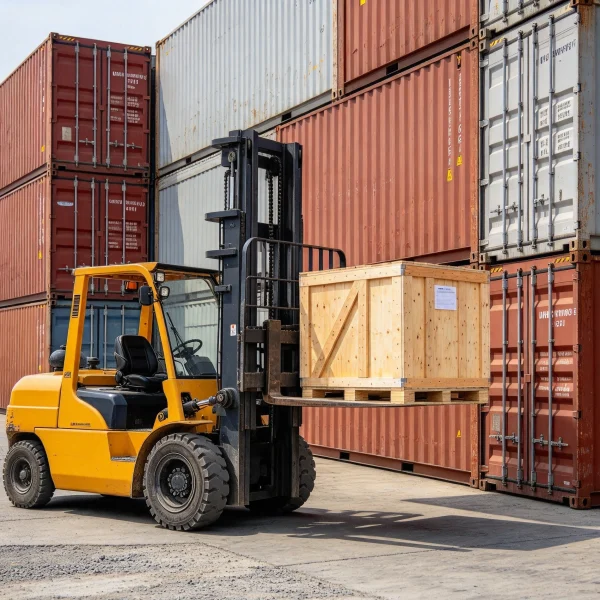 A forklift moving a wooden crate near shipping containers