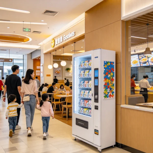 shopper examining colorful puzzle boxes at a bright mall machine