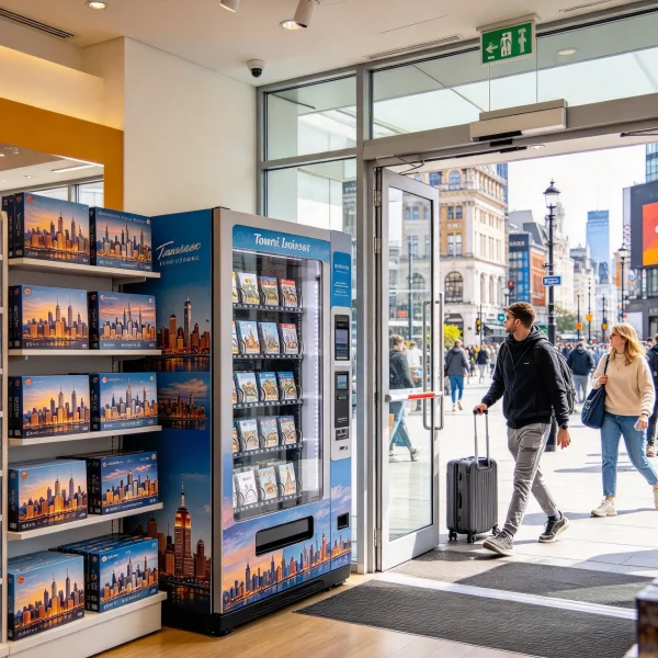 puzzle vending machine next to a mall food court with families walking by