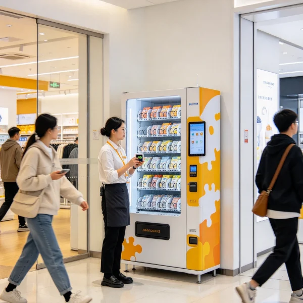 parents and kids playing near a puzzle vending machine in a bright arcade