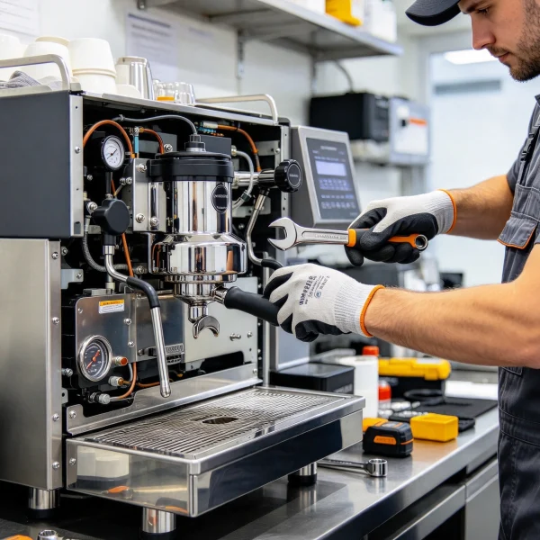 barista pulling espresso into a cup on a two-group machine