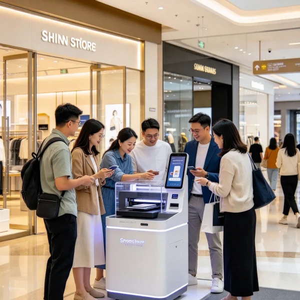 Shoppers at a mall entrance watching a kiosk print a phone case