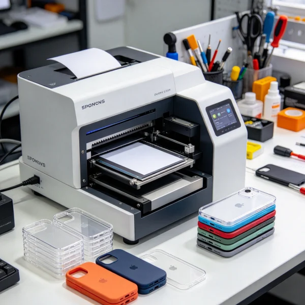 Desktop phone case printer with a stack of blank cases nearby