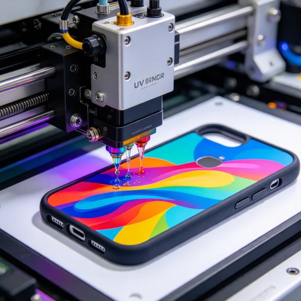 Close-up of a UV print head printing color onto a blank case