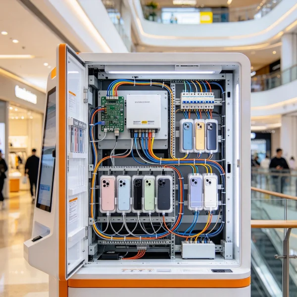 Open kiosk panel showing internal wiring and spare parts